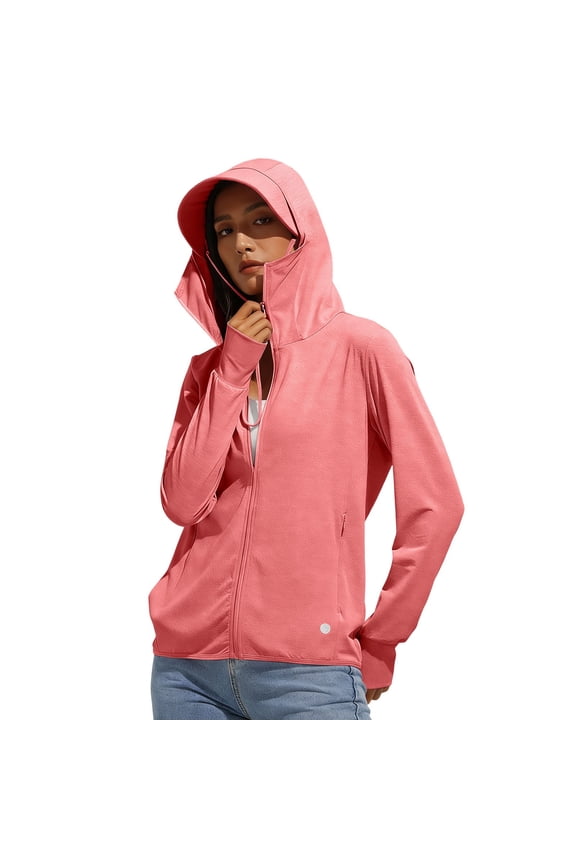 Womens UPF 50+ Full Coverage Sun Protection Jackets Zip Up Hooded Sun Jacket with Thumb Holes for Outdoor Fishing Hiking Beach