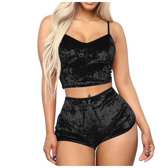 WAGUTH Womens Velvet Cami Shorts Pajama Sets Spaghetti Strap V Neck Crop Tank Top and Drawstring Waist Shorts 2 Piece Soft Plush Loungewear