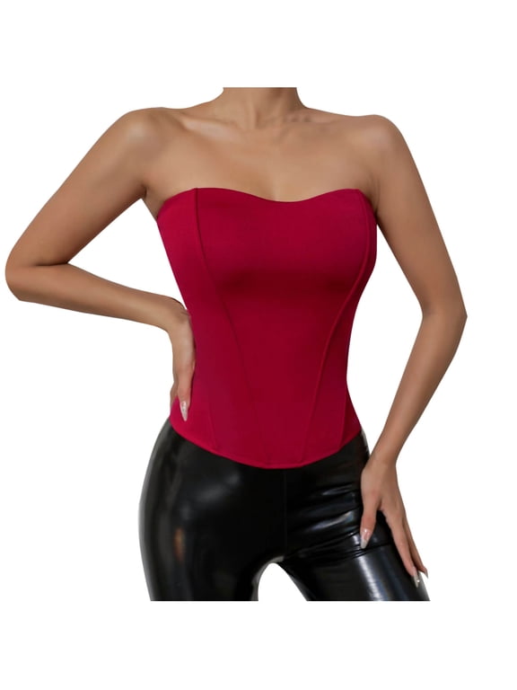 Womens Vintage Strapless Sweetheart Corset Tops Zipper Back Waist Cincher Solid Sleeveless Tube Bustier Tank Tops