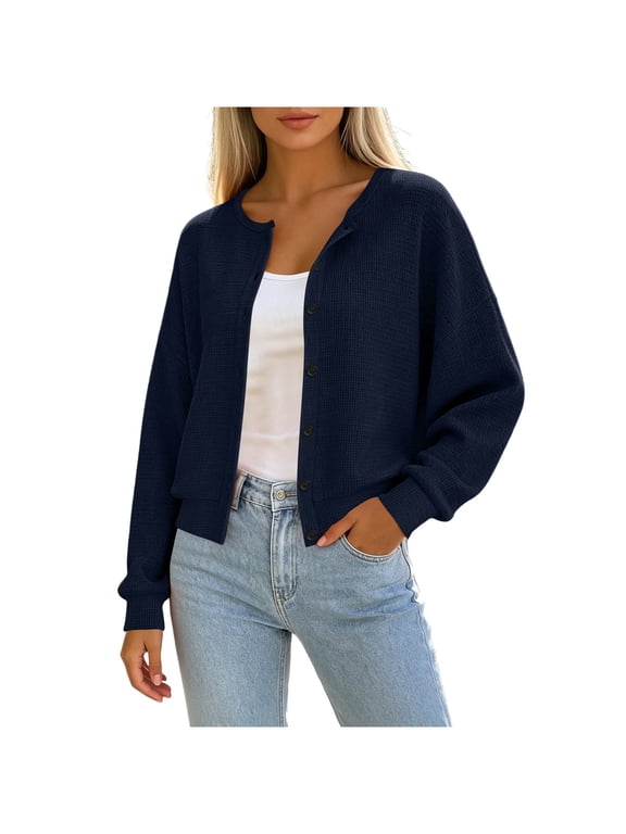 Womens Waffle Knit Button Down Cardigan Jacket Drop Shoulder Loose Cropped Long Sleeve Sweater Jacket
