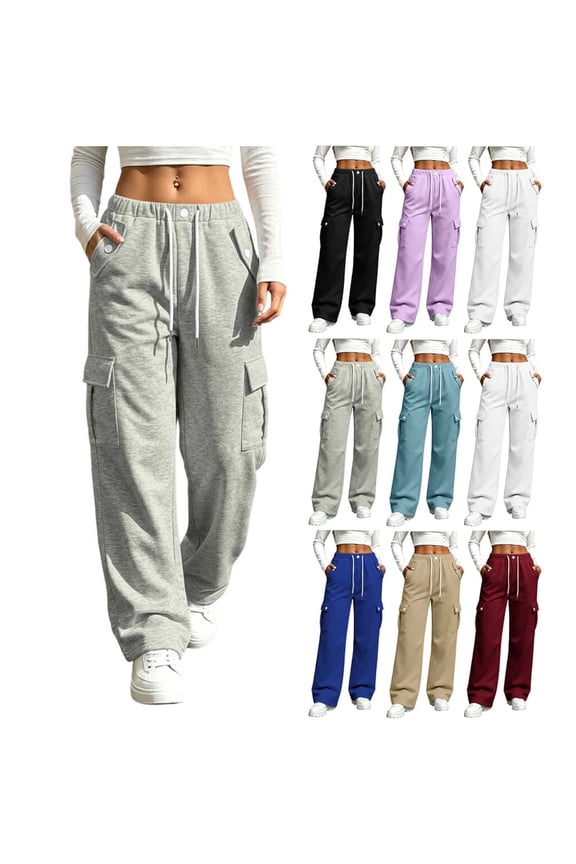 Womens Wide Leg Cargo Sweatpants Elastic Drawstring High Waist Utility Palazzo Trousers with Multi Snap Button Pockets