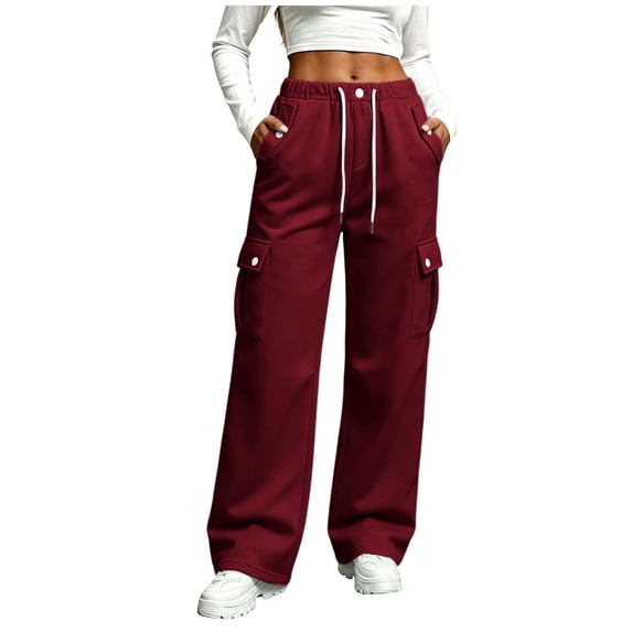 WAGUTH Womens Wide Leg Cargo Sweatpants Elastic Drawstring High Waist Utility Palazzo Trousers with Multi Snap Button Pockets