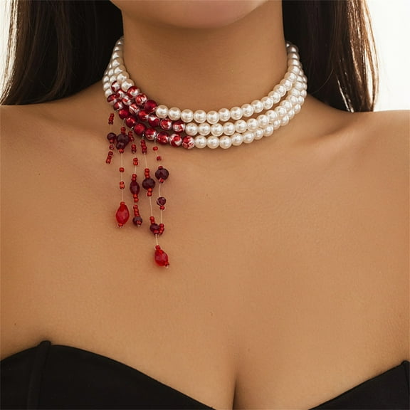 WAHIUHIUA Clearance Gothic Bloody Pearl Necklace Jewelry Multilayer Red Blood Tassel Chains Dripping Pearls Creative Accessories
