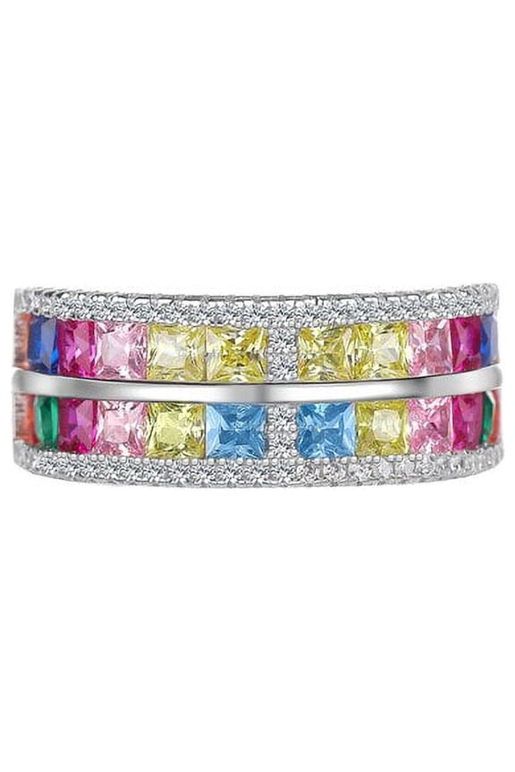 925Sterling Silver Colorful Princess Cut Zircon Ring for Women Fashion Personality Trendy Fine Multicolor Rainbow Jewelry