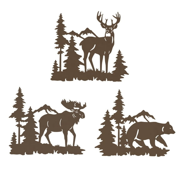 WAIU 3 Piece Metal Wall Decor Set - Deer Bear Elk Forest Pine Tree in the Forest Metal Wall Decor for Living Room, Bedroom, Bathroom, Indoor, Outdoor, Lodge, Hunting, Cabin Wall Decor, Brown