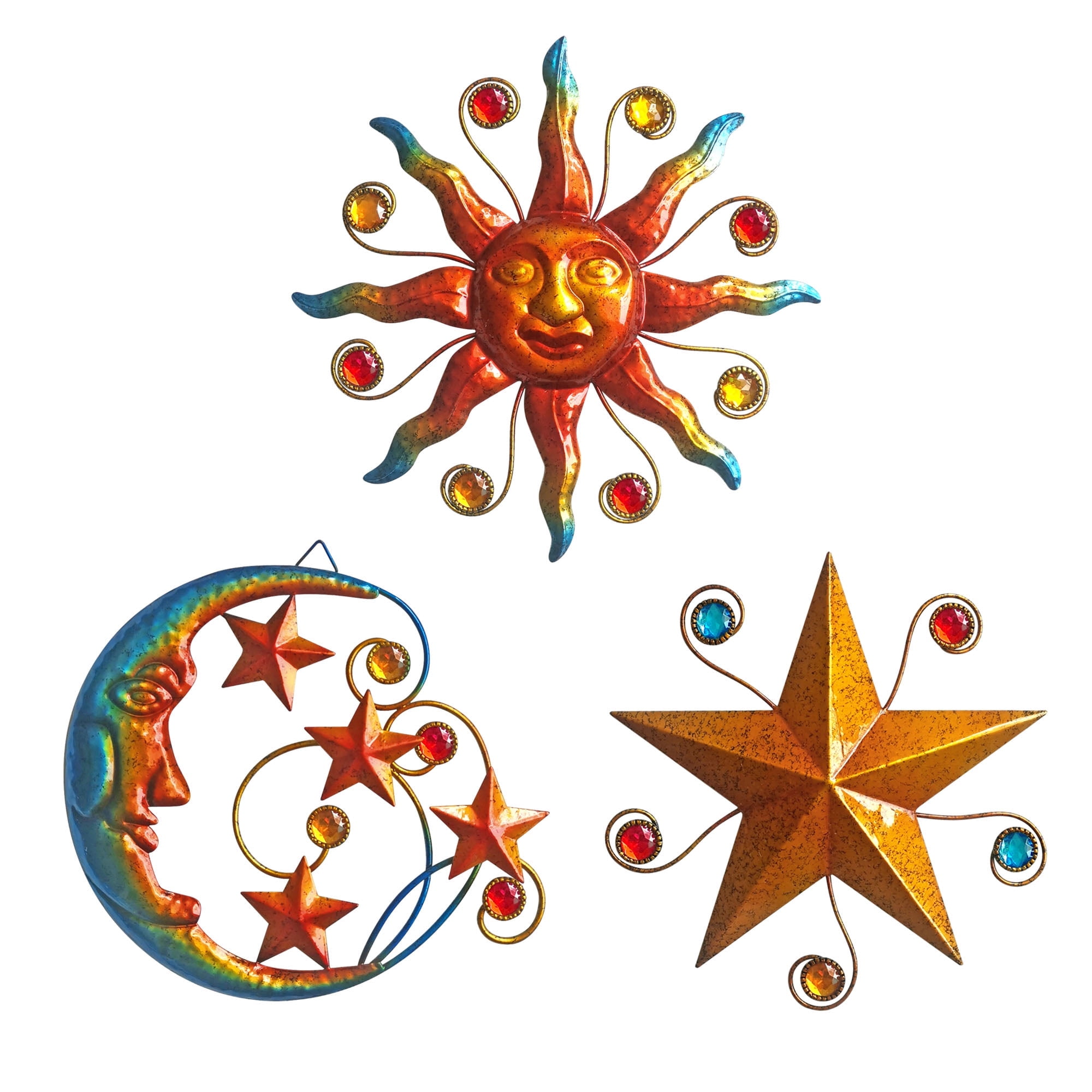 WAIU Metal Sun Moon Stars Wall Sculpture 3 Count