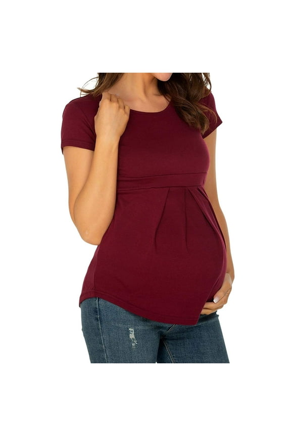 Maternity Clothes Spring Women's Maternity Top Shirts Round Neck Ruched Pregnancy Clothes with Button Accent (,M)