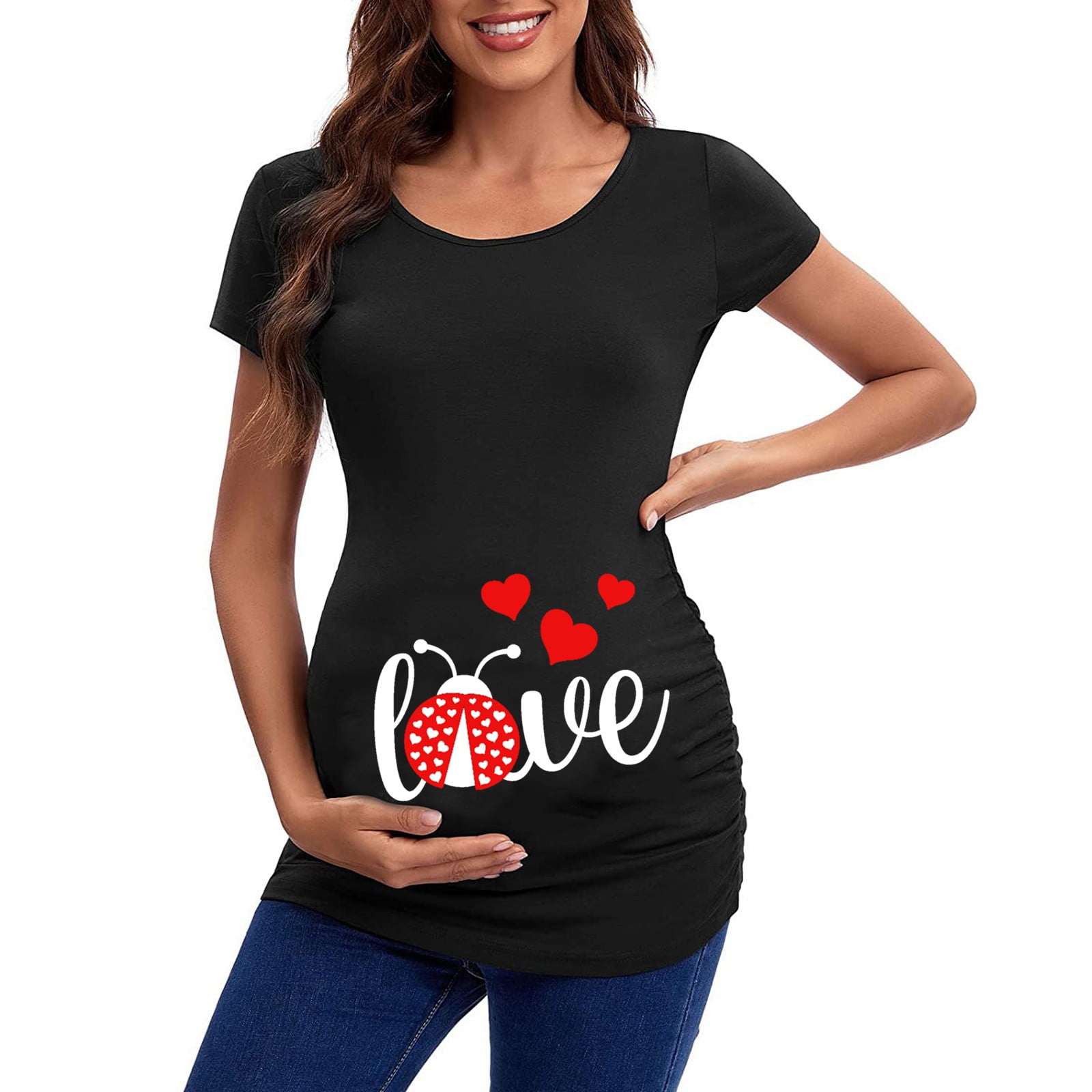 WAJCSHFS Maternity Clothes Spring Women's V Neck Maternity Clothes Tops  Side Ruched Pregnancy T Shirt (Black,XL)