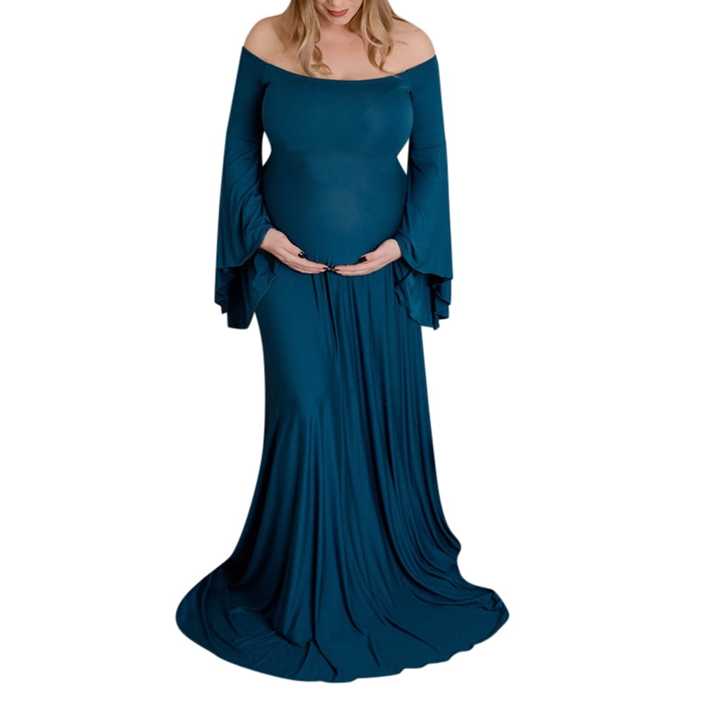 WAJCSHFS Maternity Dress Floral Print Square Neck Puff Sleeve Maternity  Dress for Baby Shower Photoshoot, Boho Smocked Split A Line Maternity Dress  (Blue,XXL) 