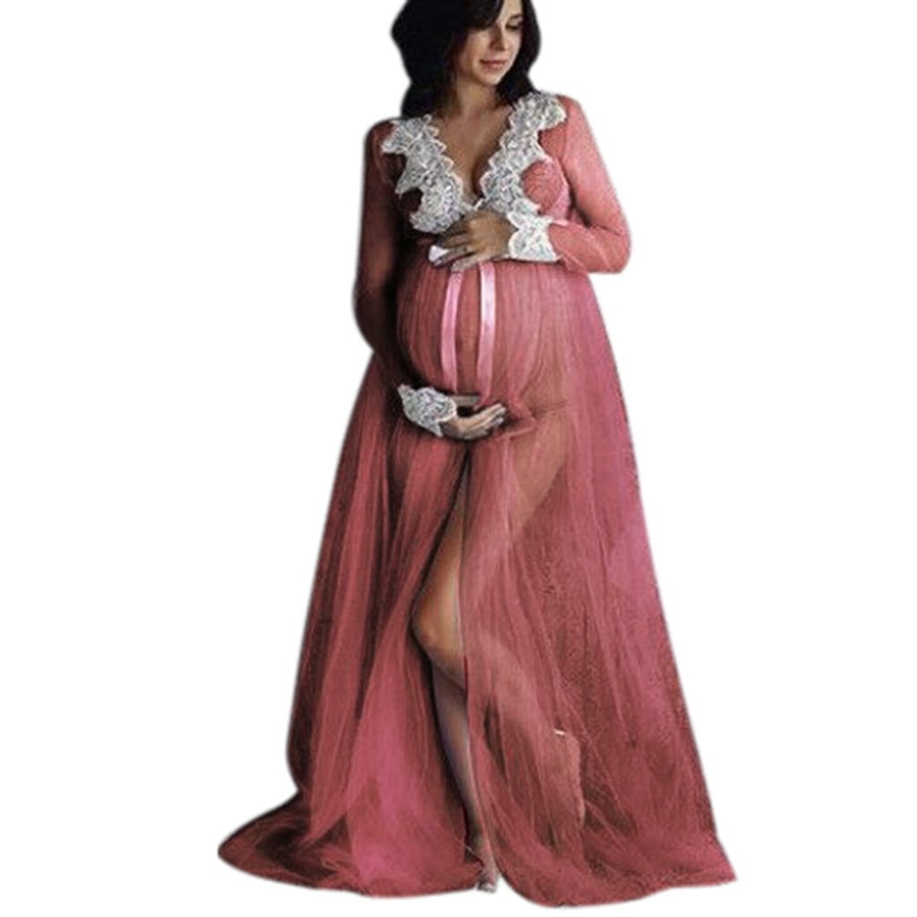 WAJCSHFS Maternity Dress Casual Maternity Dress Ruched Waist Casual Wrap  Maxi Split Pregnancy Dress for Photoshoot Baby Shower (Blue,XL) 
