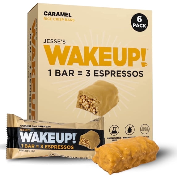WAKE UP! Caramel Caffeinated Protein Bars – Proprietary Blend with 350mg Natural Caffeine (1 Bar = 3 Espressos) – Gluten-Free, Vegetarian, Kosher – Energy Snack for Focus & Clarity – 6 Pack