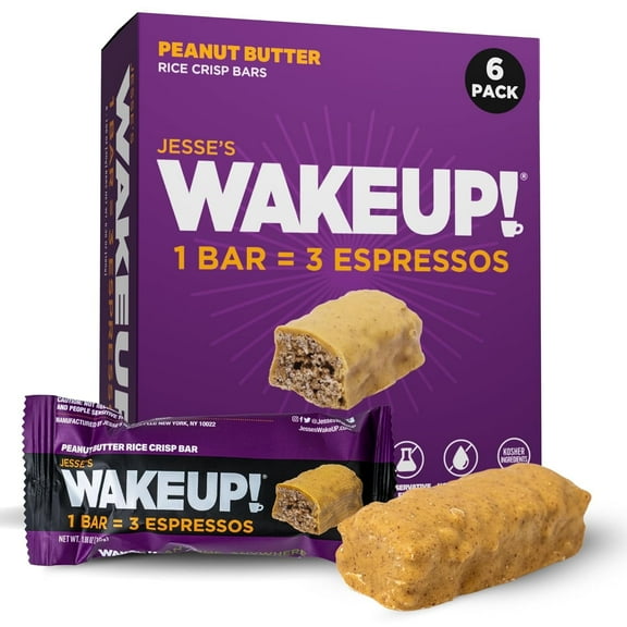 WAKE UP! Caffeinated Peanut Butter Protein Bars - Proprietary Blend with 350mg Natural Caffeine (1 Bar = 3 Espressos) – Gluten-Free, Vegetarian, Kosher – Energy Snack for Focus & Clarity – 6 Pack