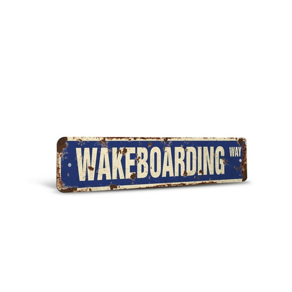 WAKEBOARDING Vintage Style Rustic Street Sign – Surfer Surf Wake Board Wakeboarder Retro Decorative Wall Sign for Home, Bar, Garage, or Outdoor Use | 6" X 24" Aluminum Metal Road Sign