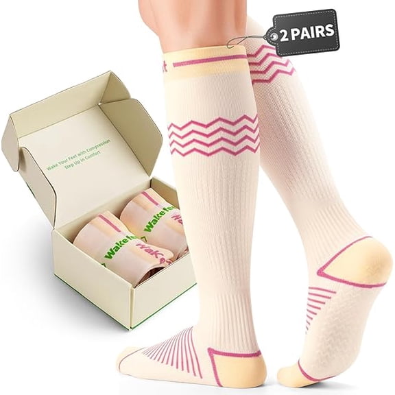 WAKEFEET Compression Socks for Women, 15-25 mmHg Knee High Compression Stockings for Pregnancy, Anti-slip Support Socks