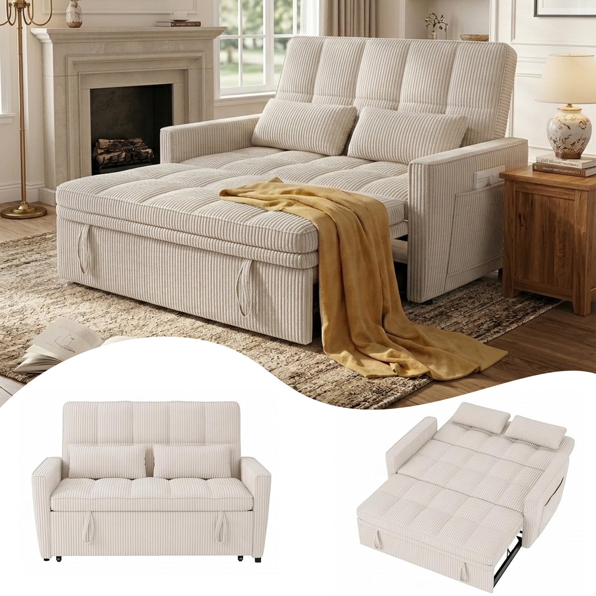 WAKEFIT 54" Pull-Out Sleeper Sofa Bed,3-in-1 Convertible Loveseat Couch with Adjustable Backrest for Small Living Room,Corduroy,Beige