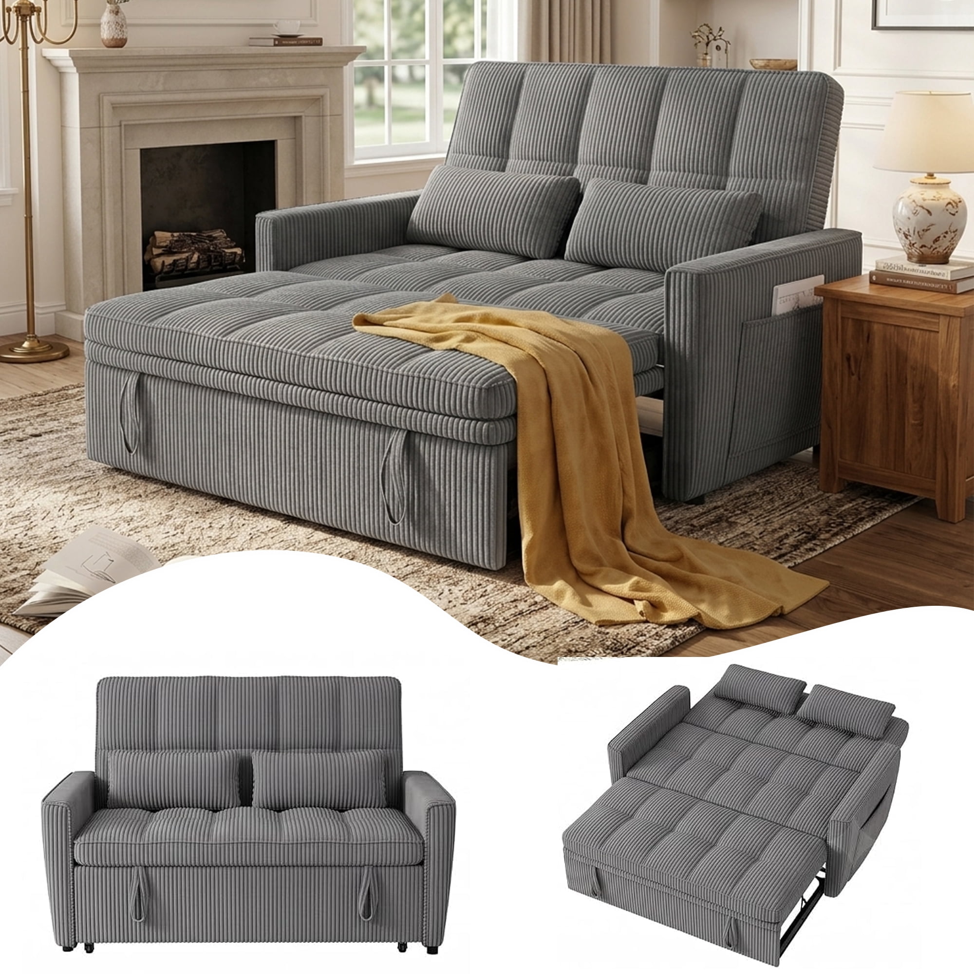 WAKEFIT 54" Pull-Out Sleeper Sofa Bed,3-in-1 Convertible Loveseat Couch with Adjustable Backrest for Small Living Room,Corduroy,Dark Gray