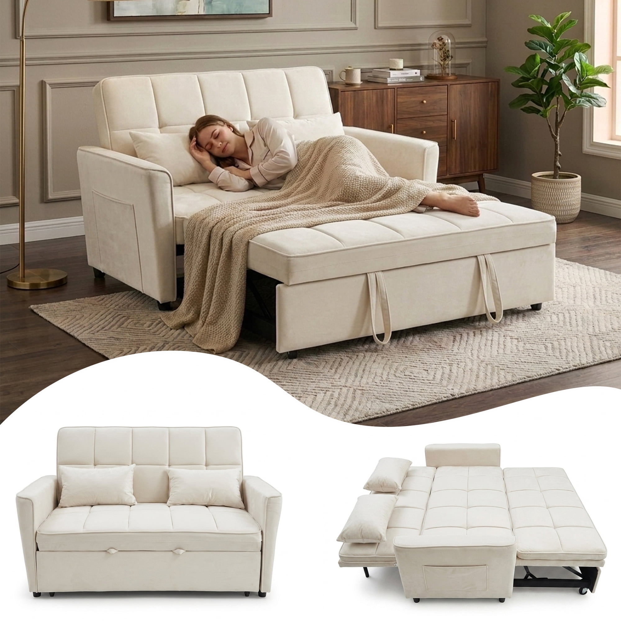 WAKEFIT 54" Pull-Out Sleeper Sofa Bed,3-in-1 Convertible Loveseat Couch with Adjustable Backrest for Small Living Room,Velvet,Beige