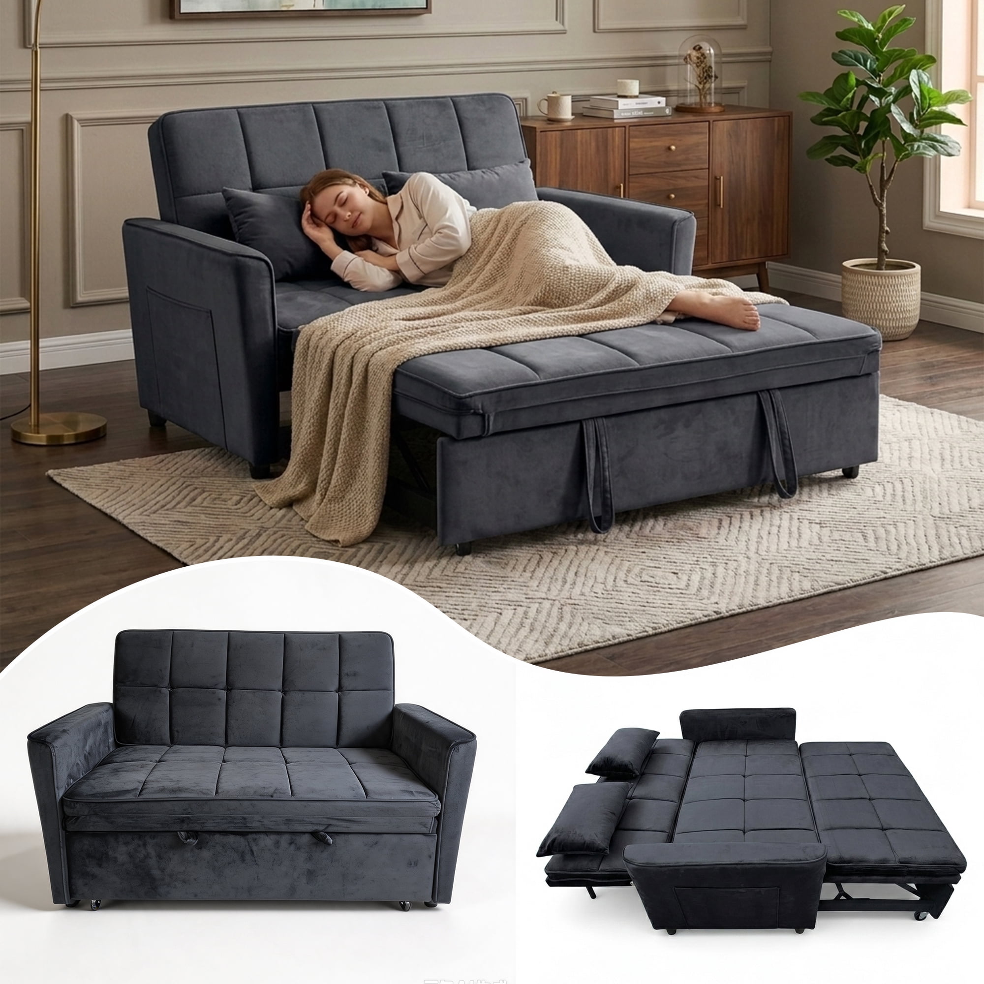 WAKEFIT 54" Pull-Out Sleeper Sofa Bed,3-in-1 Convertible Loveseat Couch with Adjustable Backrest for Small Living Room,Velvet,Black