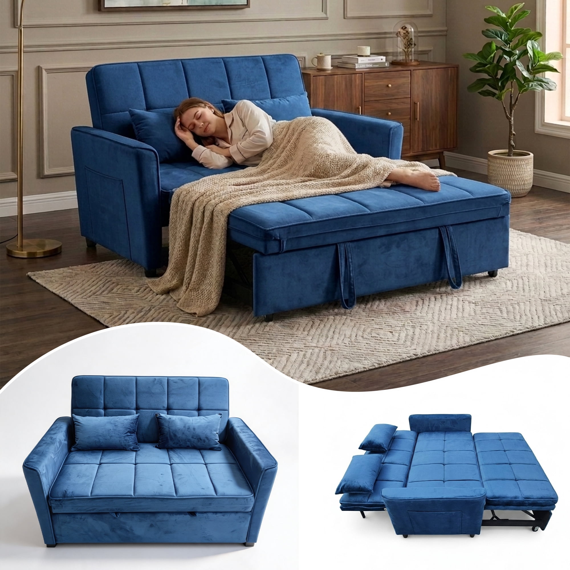 WAKEFIT 54" Pull-Out Sleeper Sofa Bed,3-in-1 Convertible Loveseat Couch with Adjustable Backrest for Small Living Room,Velvet,Blue
