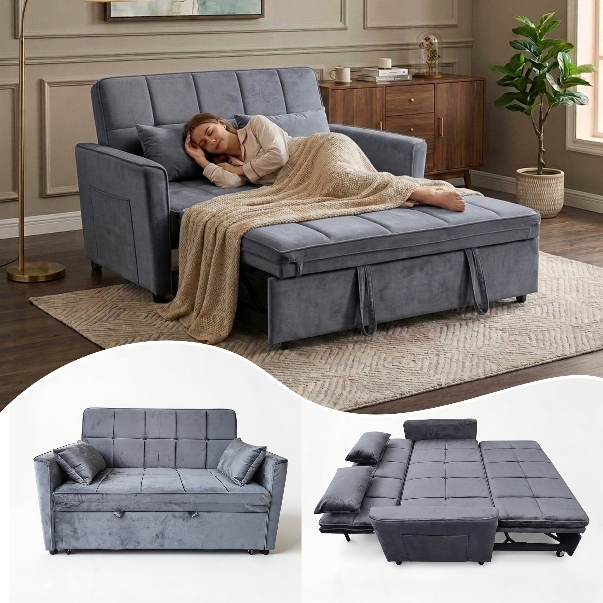 WAKEFIT 54" Pull-Out Sleeper Sofa Bed,3-in-1 Convertible Loveseat Couch with Adjustable Backrest for Small Living Room,Velvet,Dark Gray