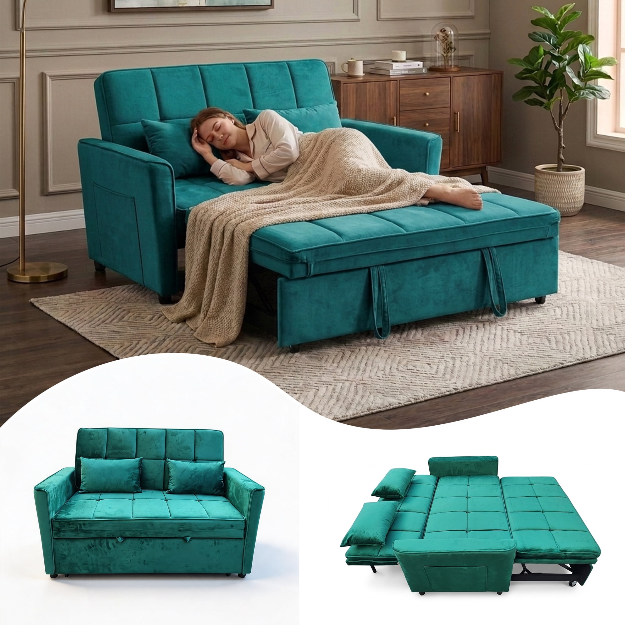 WAKEFIT 54" Pull-Out Sleeper Sofa Bed,3-in-1 Convertible Loveseat Couch with Adjustable Backrest for Small Living Room,Velvet,Green
