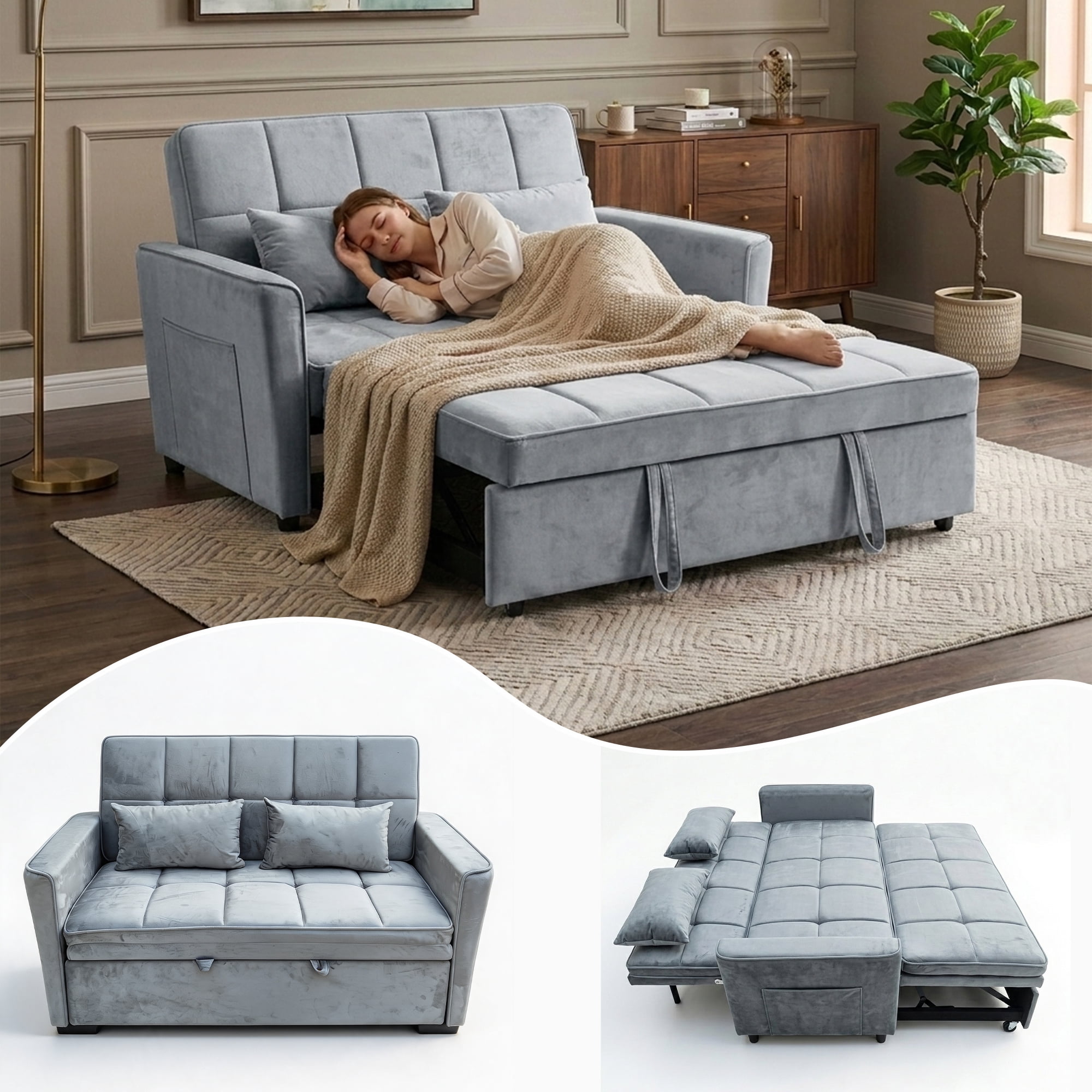 WAKEFIT 54" Pull-Out Sleeper Sofa Bed,3-in-1 Convertible Loveseat Couch with Adjustable Backrest for Small Living Room,Velvet,Light Gray