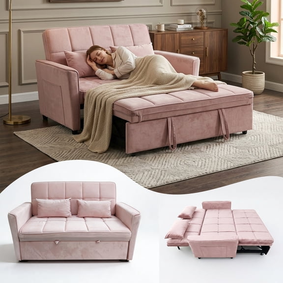 WAKEFIT 54" Pull-Out Sleeper Sofa Bed,3-in-1 Convertible Loveseat Couch with Adjustable Backrest for Small Living Room,Velvet,Pink