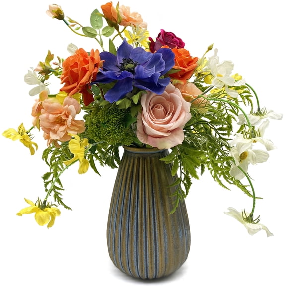 WAKISAKI Artificial Faux Flowers in Vase, Silk Flower Arrangement Artificial Floral Centerpiece, Table Centerpieces for Dining Room Home Decor Gift (Spring)