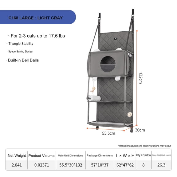 WAKYTU Door-Mounted Cat Tree, 3-Layer Hanging Cat Climbing Frame, No-Drill Over-the-Door Cat Tower with Foldable Storage, Anti-Scratch Fabric, Detachable Pillow & Toys, Holds up to 3 Cats, Gray