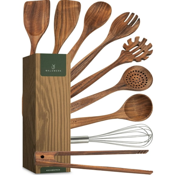 WALDWERK Wooden Spoons for Cooking - 9-Piece Kitchen Utensils Set with Spatula, Tongs, Whisk, Wooden Spoons & Pasta Server - Wooden Utensil Set - Utensil Sets - Cooking Utensils - Non Toxic Y101