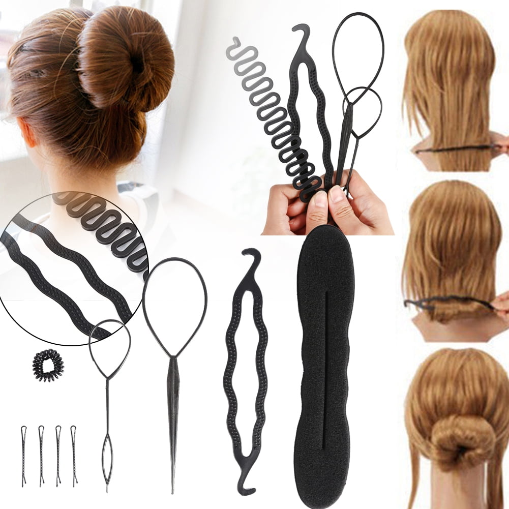 Walfront 4pcs/9pcs Hair Styling Kit Hair Bun Maker Braiding Styling Disk Twist Tools Fine Hairdresser Magic Hair Clip Styling Pads Accessories Set for