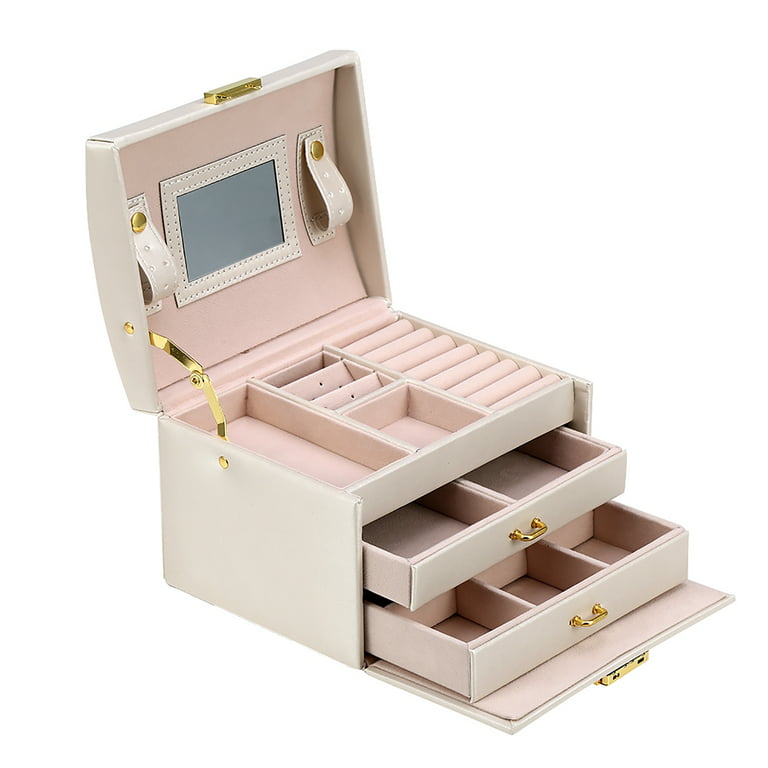  DesignSter Jewelry Organizer - 3 layers PU Leather Jewelry  Storage Case with Removable Jewelry Tray Large Jewelry Box for Holder  Necklace Earrings Rings Bracelets(Beige) : Clothing, Shoes & Jewelry