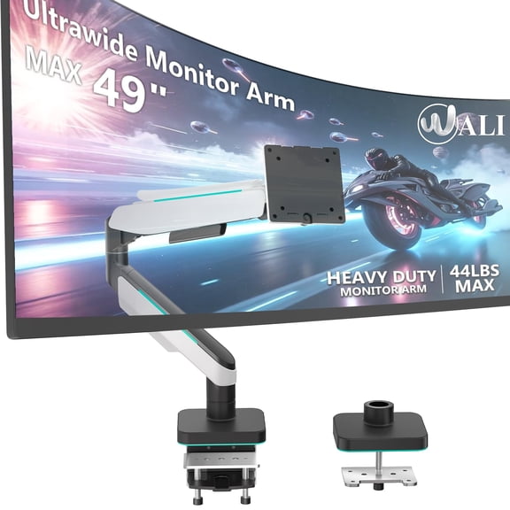 WALI Heavy Duty Monitor Arm, Monitor Stand for Screen up to 49 inch, 44 lbs, Aluminum Ultrawide Computer Mount for Samsung Odyssey G9, Adjustable, Mounting Holes 75 and 100 (GAM001XL), White