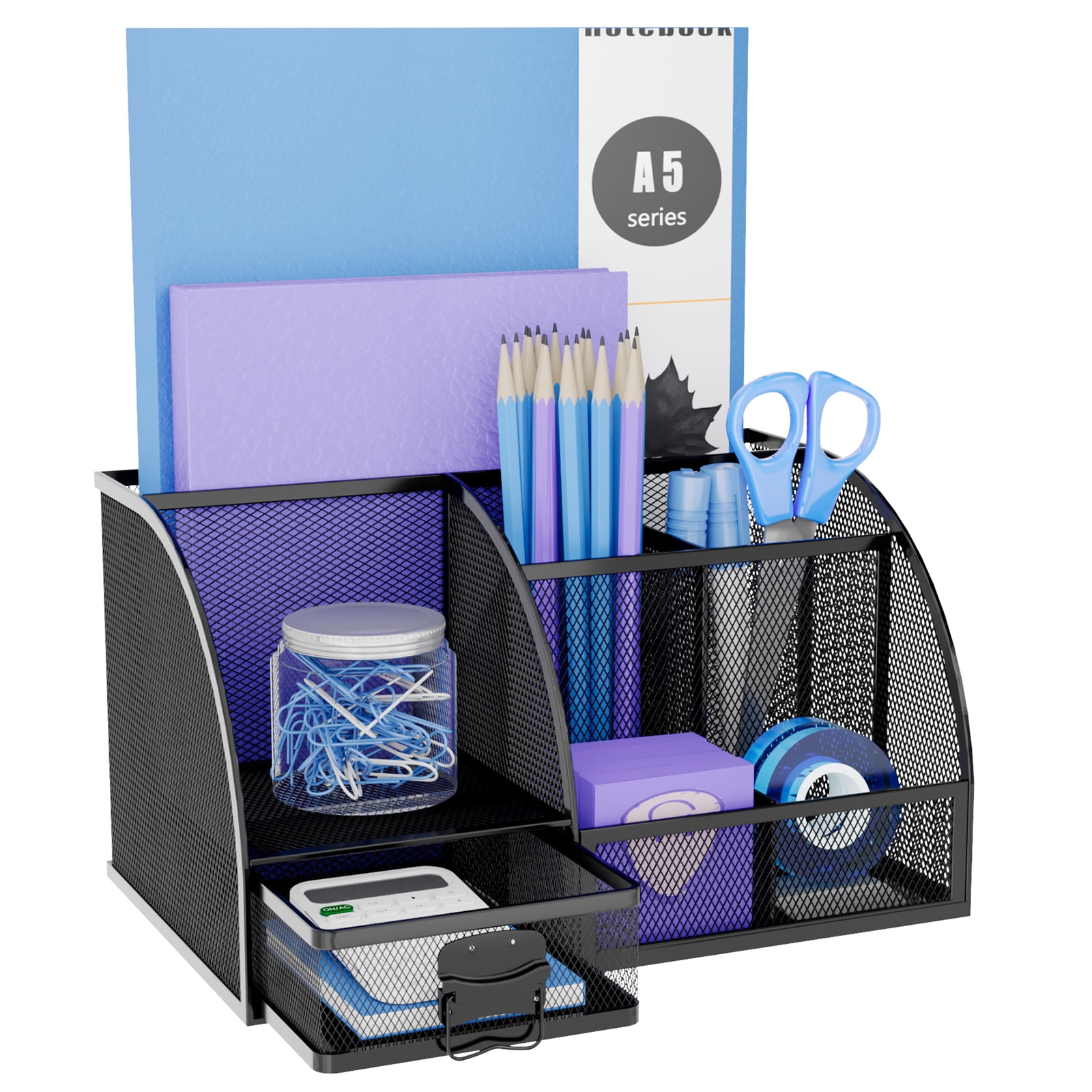 Marbrasse Desk Organizer with File Holder, 5-Tier Paper Letter Tray  Organizer with Drawer and 2 Pen Holder, Mesh Desk Organizers and  Accessories