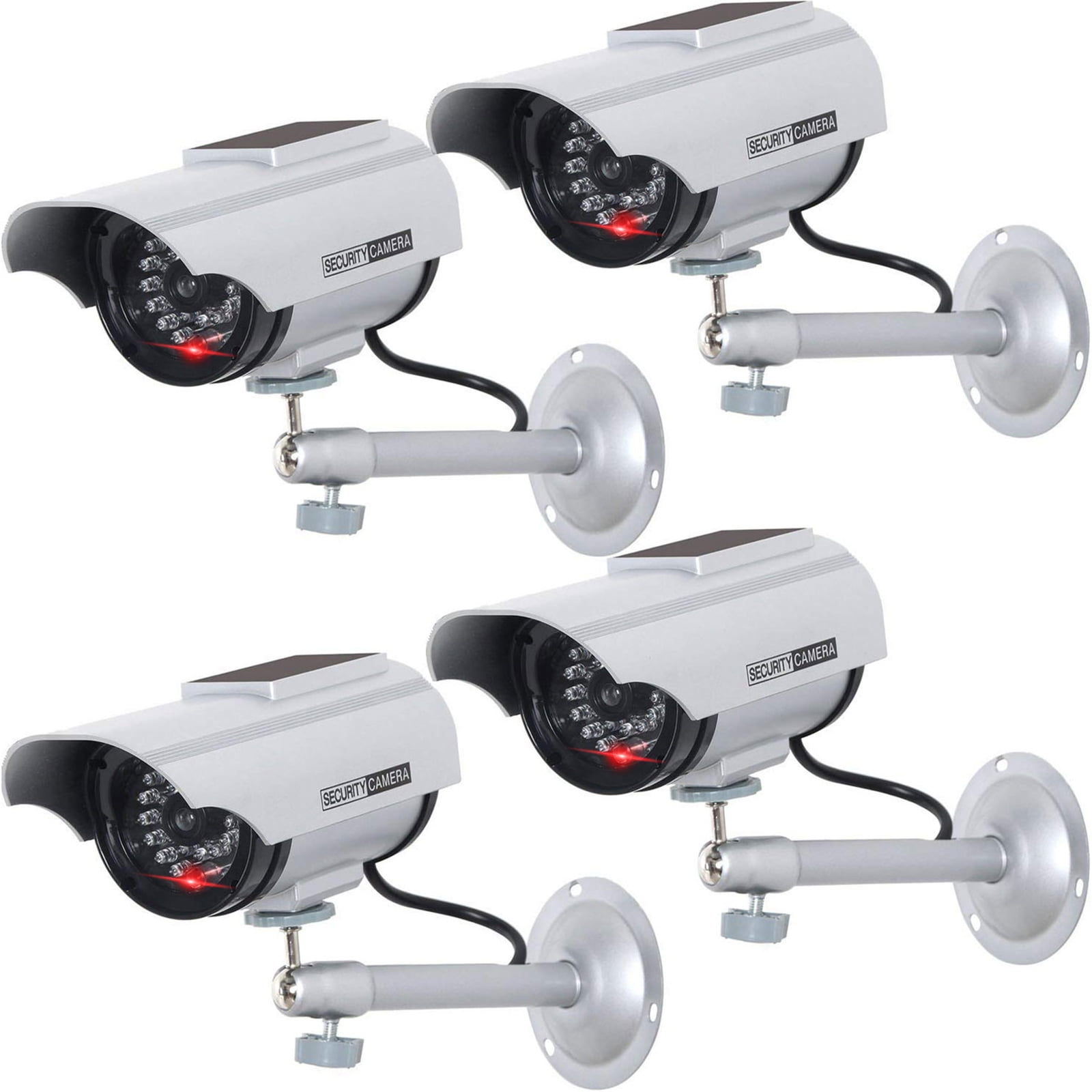 WALI Solar Powered Bullet Dummy Fake Simulated Surveillance Security CCTV Dome Camera Indoor Outdoor with 1 LED Light, Security Alert Sticker Decal (SOLTC-S4), 4 Packs, Silver