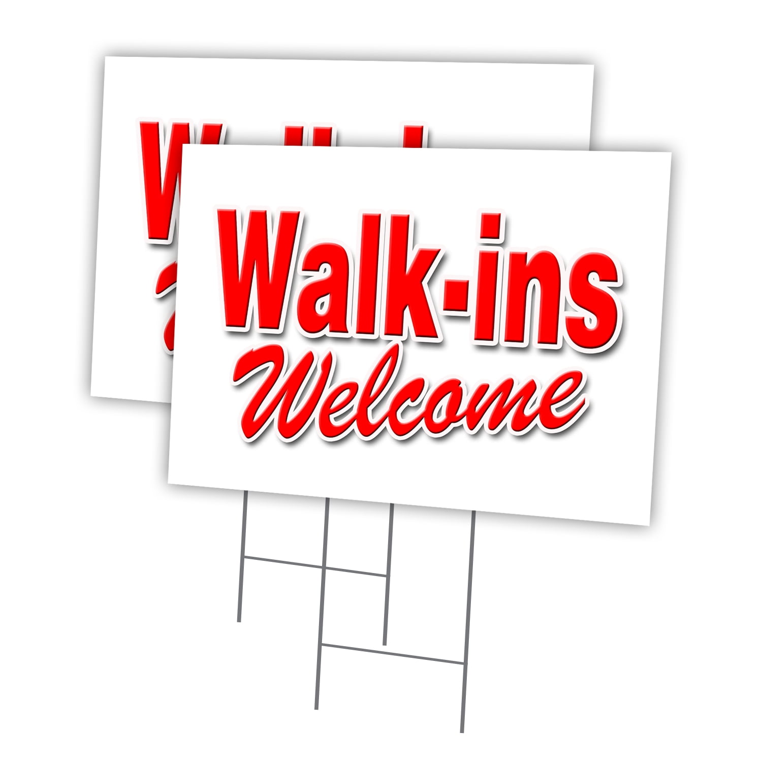 WALK-INS WELCOME 2 Pack Of 18" x 24" Yard Sign & Stake outdoor plastic window | Advertise Your Business | Stake Included Image On Front Only | Made in The USA