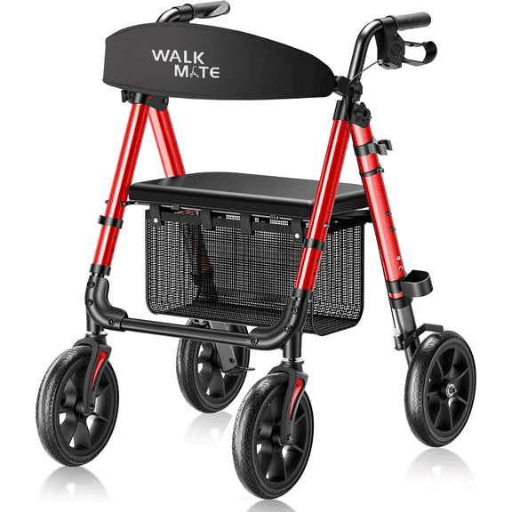 WALK MATE Rollator Walker for Seniors, 10 Inch Big Wheels, Reinforced Aluminum Frame 350lb Weight Capacity, Foldable All Terrain Rolling Walker with Seat, Lightweight Adjustable Height, Red