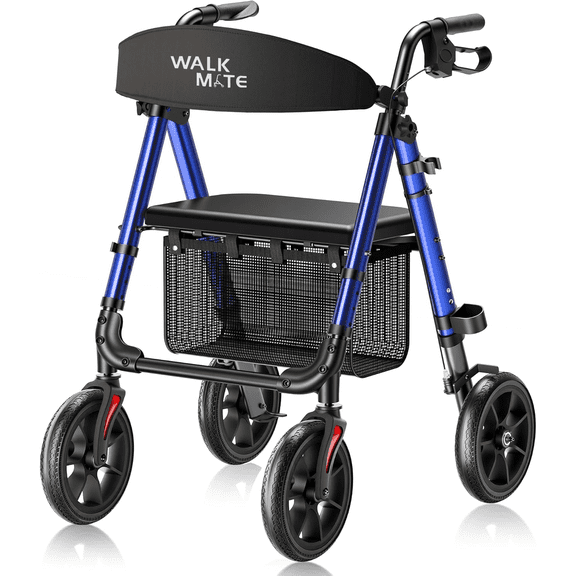 WALK MATE Rollator Walker for Seniors, 10 Inch Big Wheels, Reinforced Aluminum Frame 350lb Weight Capacity, Foldable All Terrain Rolling Walker with Seat, Lightweight Adjustable Height, Blue