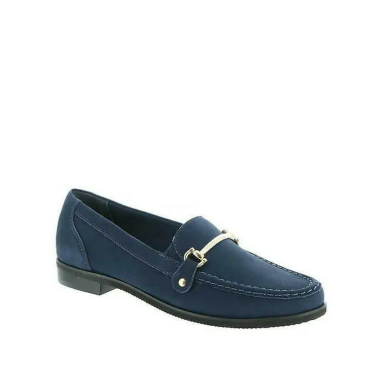WALKING CRADLES Womens Navy Cushioned Moisture Wicking Wren Round Toe Block Heel Slip On Leather Loafers Shoes 9.5 M