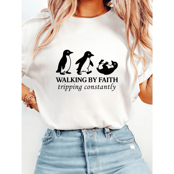 WALKING BY FAITH Tripping constantly Graphic Tees for Women & Men Funny Penguin Tshirts Sarcastic Meme Shirts Short Sleeve Casual Tops for Daily Outfits White,S