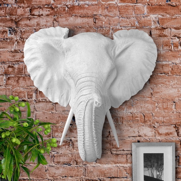 WALL CHARMERS Mini White Faux Elephant Head Wall Hanging - 10" Faux Taxidermy Animal Head Wall Decor - Handmade Farmhouse Decor