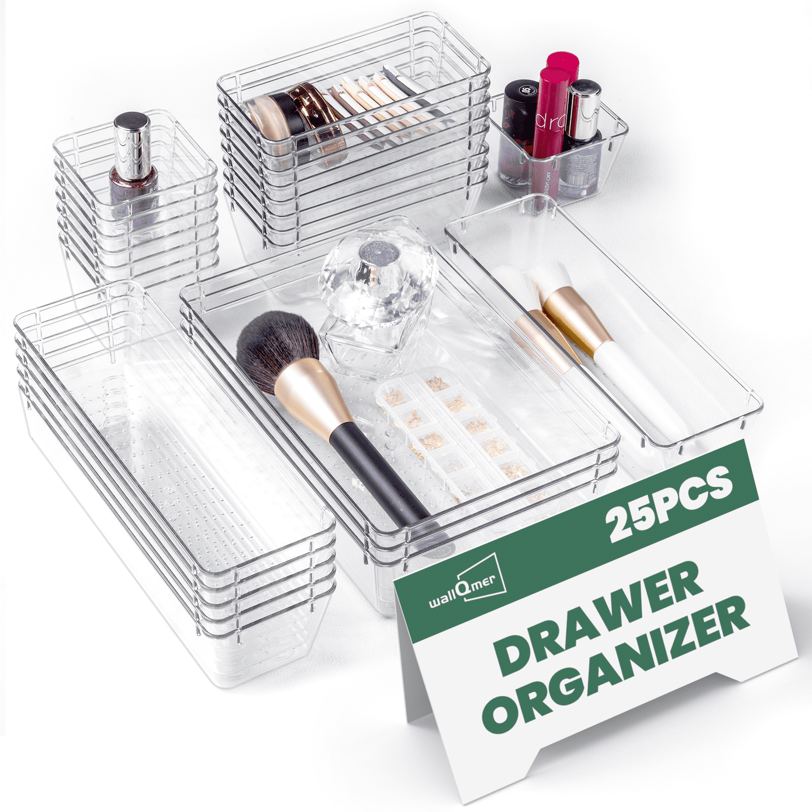 WALL QMER 25PCS Clear Plastic Drawer Organizer Set with Non-Slip Pads, 4 Sizes Organizer Trays for Makeup, Jewelry, Bathroom, Kitchen Gadget Utensils & Ofiice