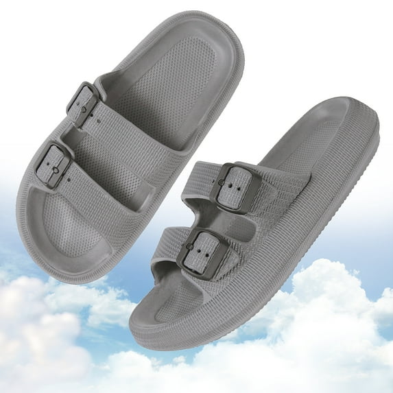 WALL QMER Sandals for Women and Men, Cloud Slides for Women, Women's Comfort Slides Double Buckle Adjustable EVA Flat Sandals, Gray
