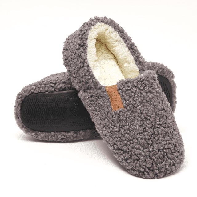 WALL QMER Slippers for Women Indoor/Outdoor, House Shoes Bedroom Non-slip Warm Fluffy Womens Slippers, Women's Fuzzy Memory Foam Closed Back Slippers, Gray