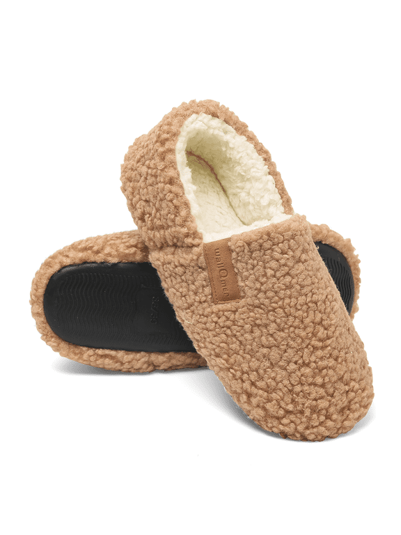 Slippers for Women Indoor/Outdoor, House Shoes Bedroom Non-slip Warm Plush Womens Slippers, Women's Fuzzy Memory Foam Closed Back Slippers, Khaki