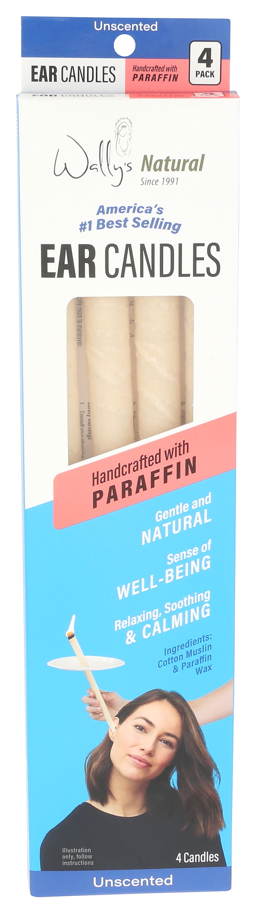Wally's Natural Unscented Paraffin Wax Ear Candles, 4 Pack