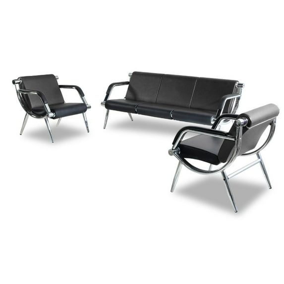 WALSPORT Office Reception Sofa Set PU Leather 3 Pcs Waiting Room Chairs Solon Guest Bench W/2PCS Black