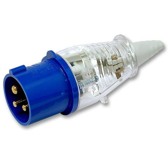 WALTHER 16A, 230V, Cable Mount CEE Plug, 2P+E, Blue with Transparent Cover, IP44