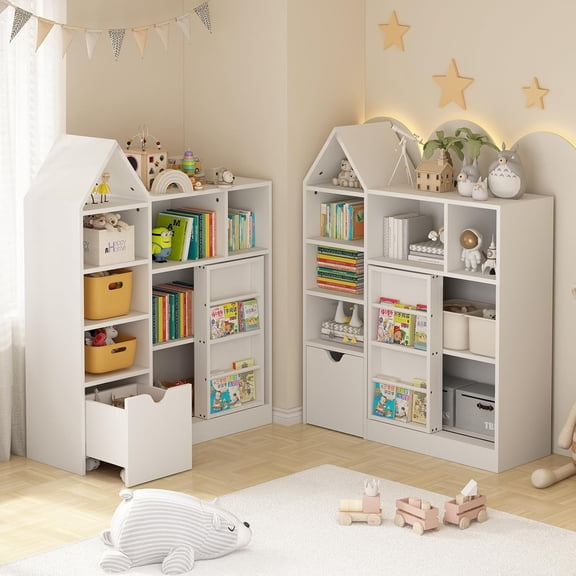 WALYWIK 47'' Kids Toy Storage Organizer & Bookshelf, Floor Storage Cabinet Toy Chest with Movable Drawers, Bookshelf with Storage Cubbies Toy Box, for Playroom, Bedroom, Classroom, Library, White