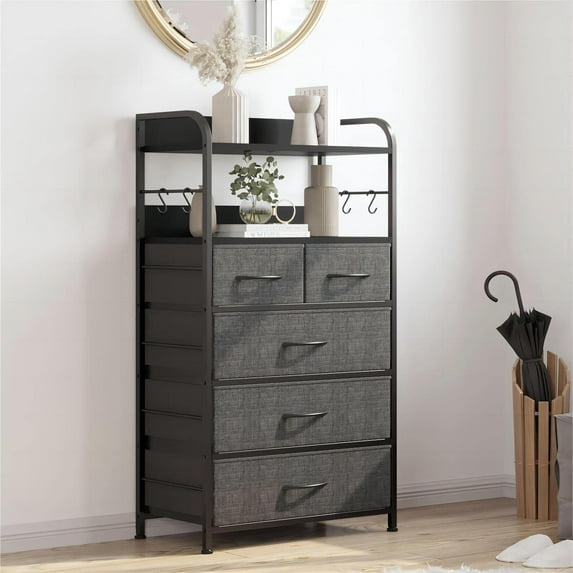 WALYWIK 5 Drawers Dresser, Tall Dresser for Bedroom, Fabric Drawer Organizer Unit, Chest of Drawers with Hooks, Open Shelf for Closet, Living Room, Hallway, Entryway